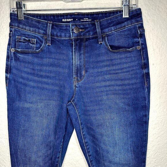 Old Navy Pop Icon Skinny Mid Rise SZ 4 Dark Wash Stretch Jeans Raw Hem - Picture 2 of 7